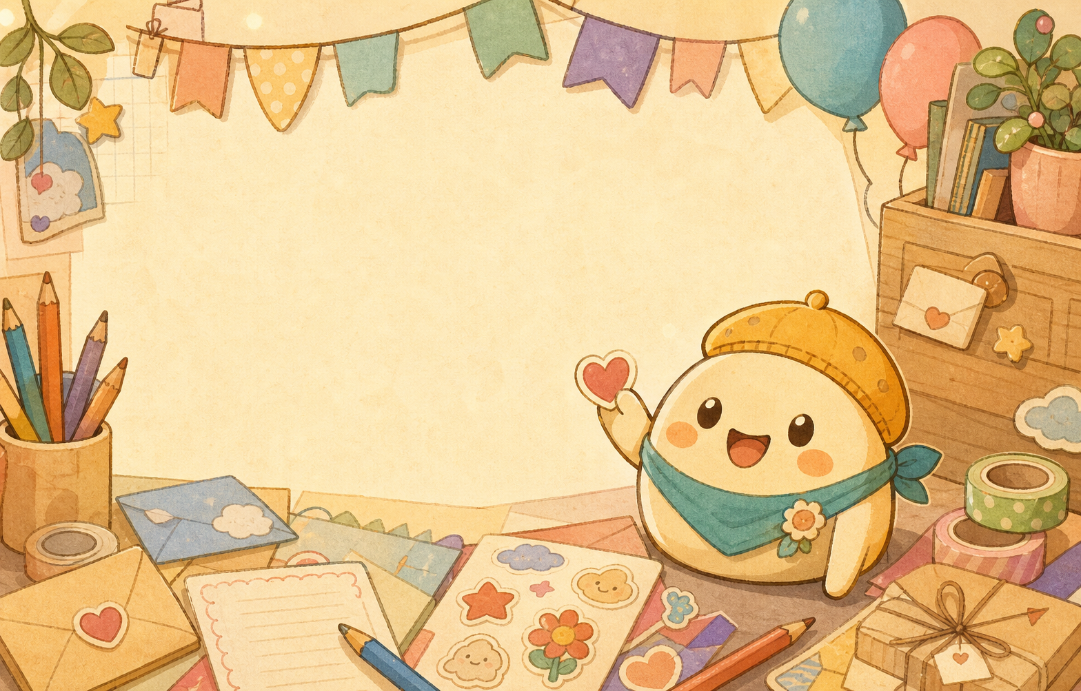Hand-drawn pastel desk scene with paper letters, stickers, pencils, and a friendly mascot.